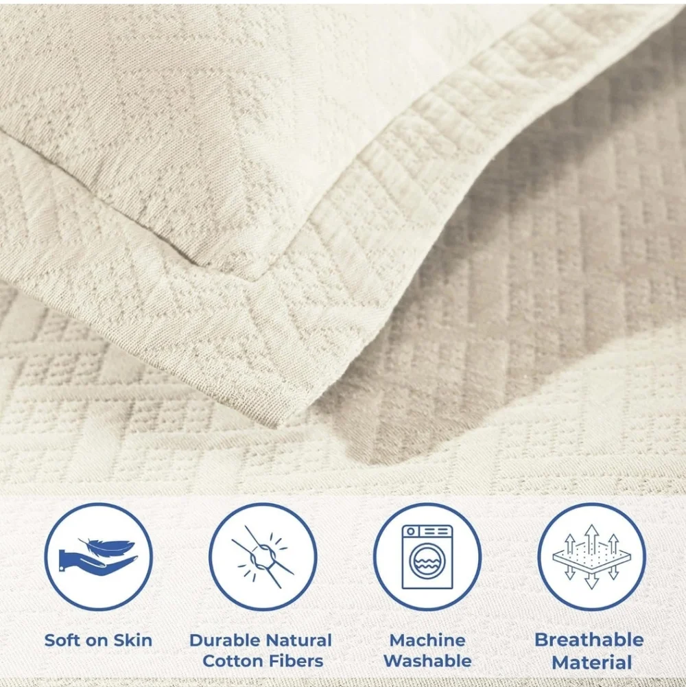 Superior Basketweave Cotton 3 Piece Bedspread Set, Home Decorative Quil Queen